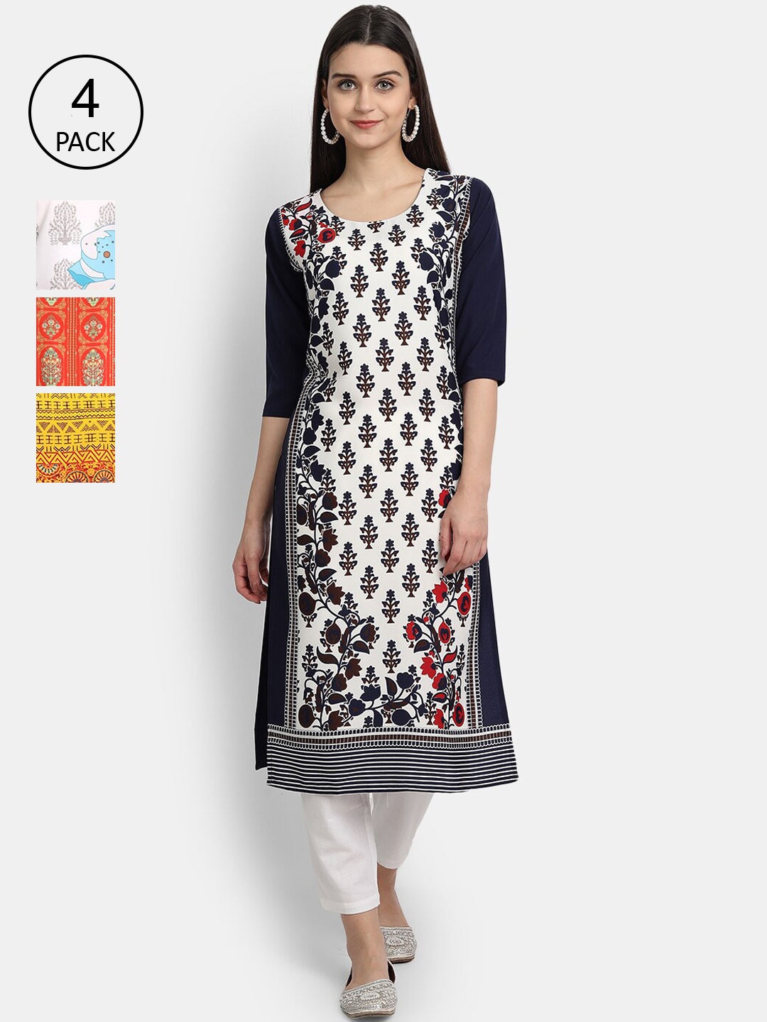 

Ethnic basket Women Pack of 4 Digital Printed Straight Kurtas, Black