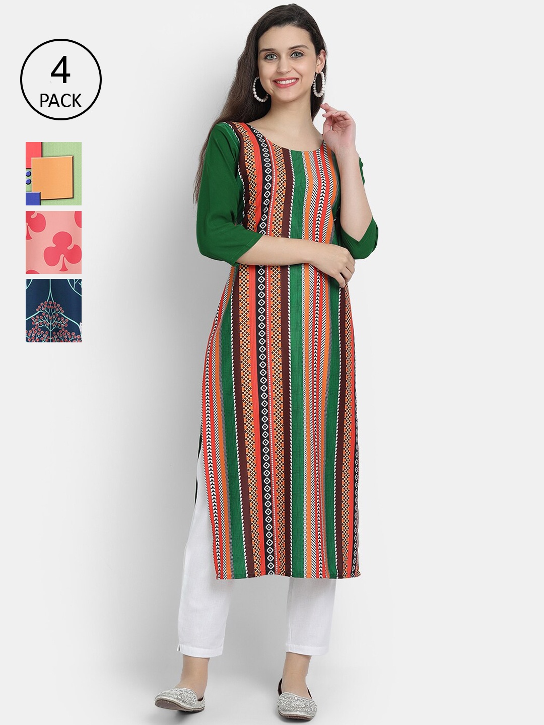 

Ethnic basket Women Green & Blue Floral Printed Crepe Kurta Pack Of 4
