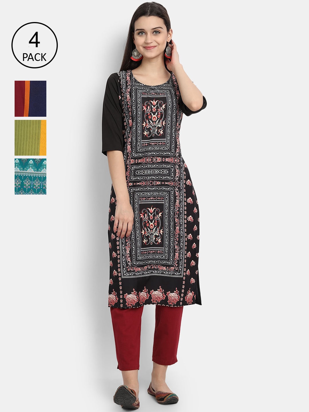 

Ethnic basket Women Black & Blue Ethnic Motifs Printed Crepe Kurta Pack Of 4
