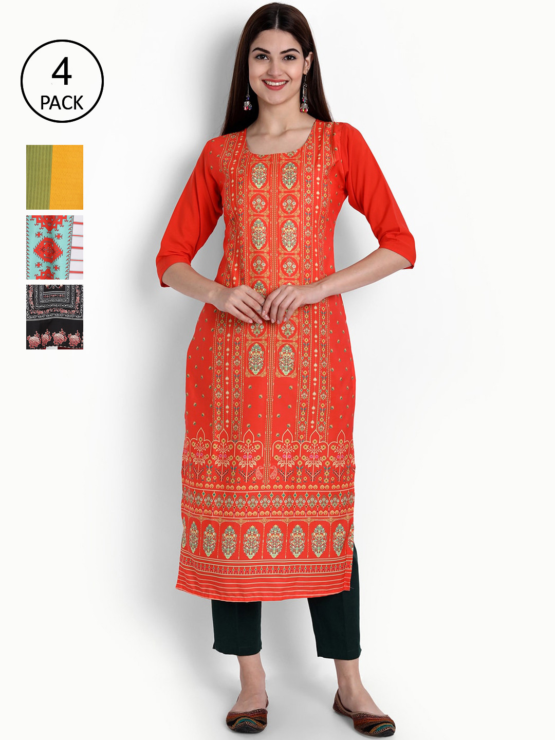 

Ethnic basket Women Pack Of 4 Digital Printed Crepe Kurta, Orange