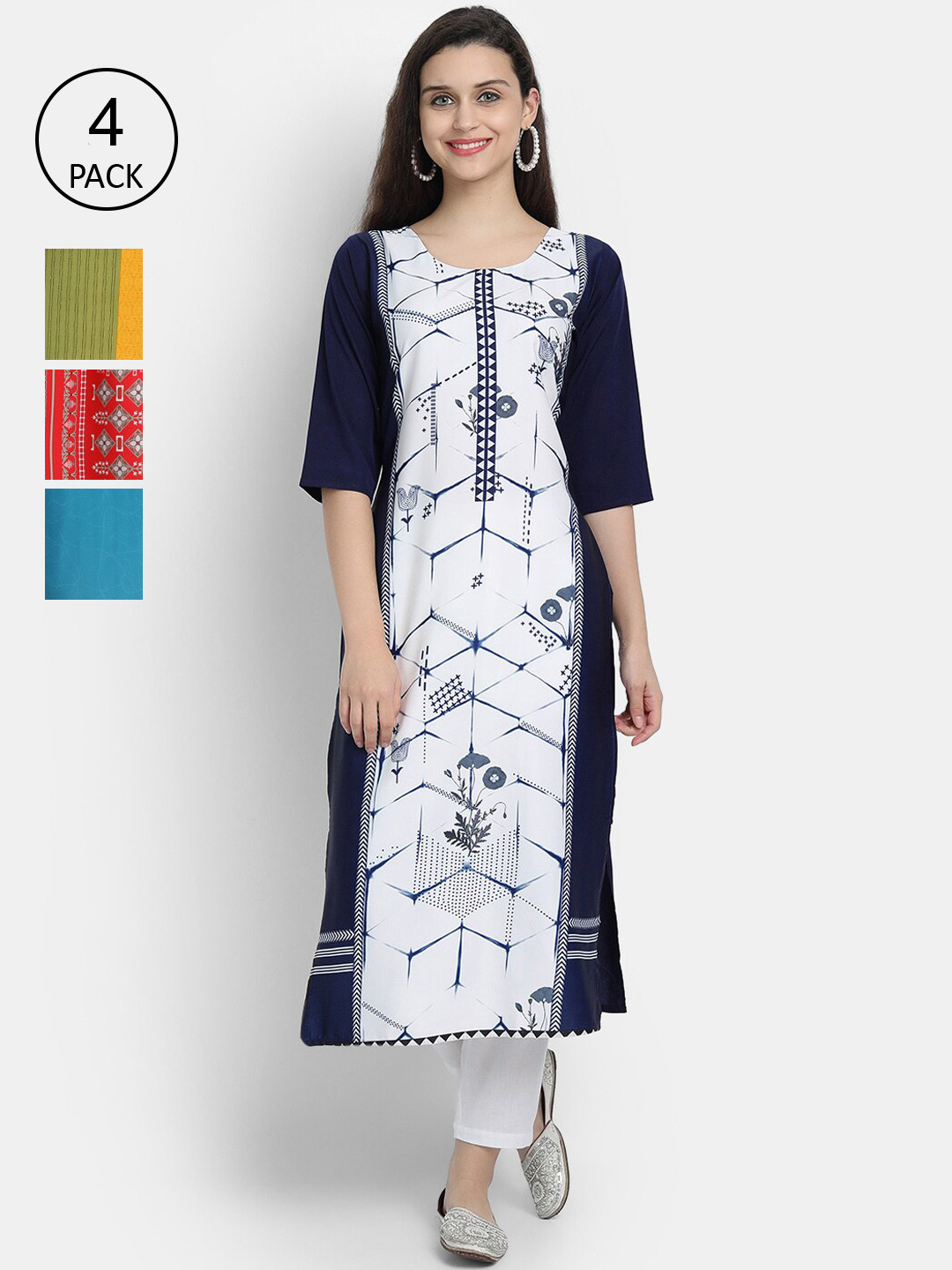 

Ethnic basket Women Pack of 4 Multicoloured Ethnic Motifs Printed Crepe Kurta, Multi