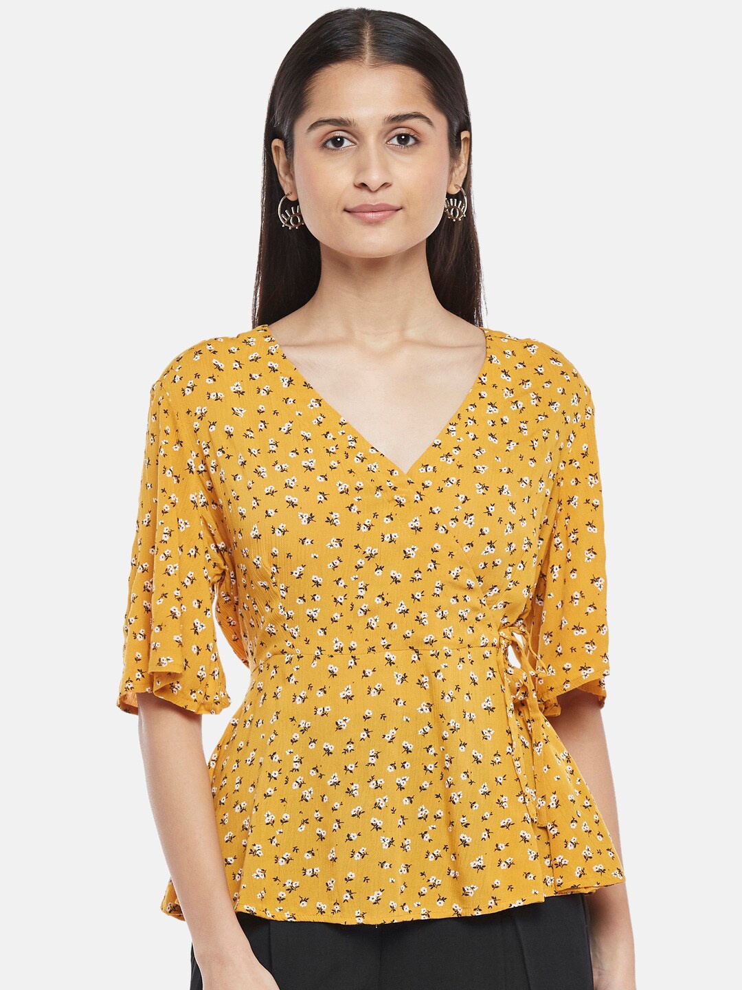 

Honey by Pantaloons Mustard Yellow & White Floral Printed Wrap Top