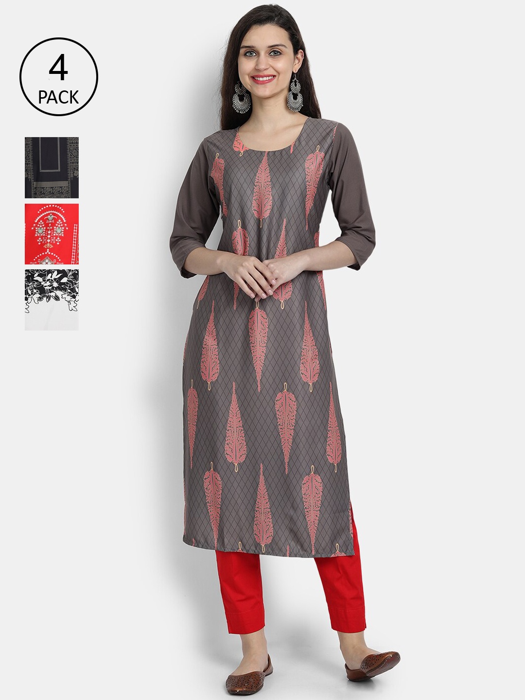 

Ethnic basket Women Pack of 4 Ethnic Motifs Printed Crepe Kurta, Red