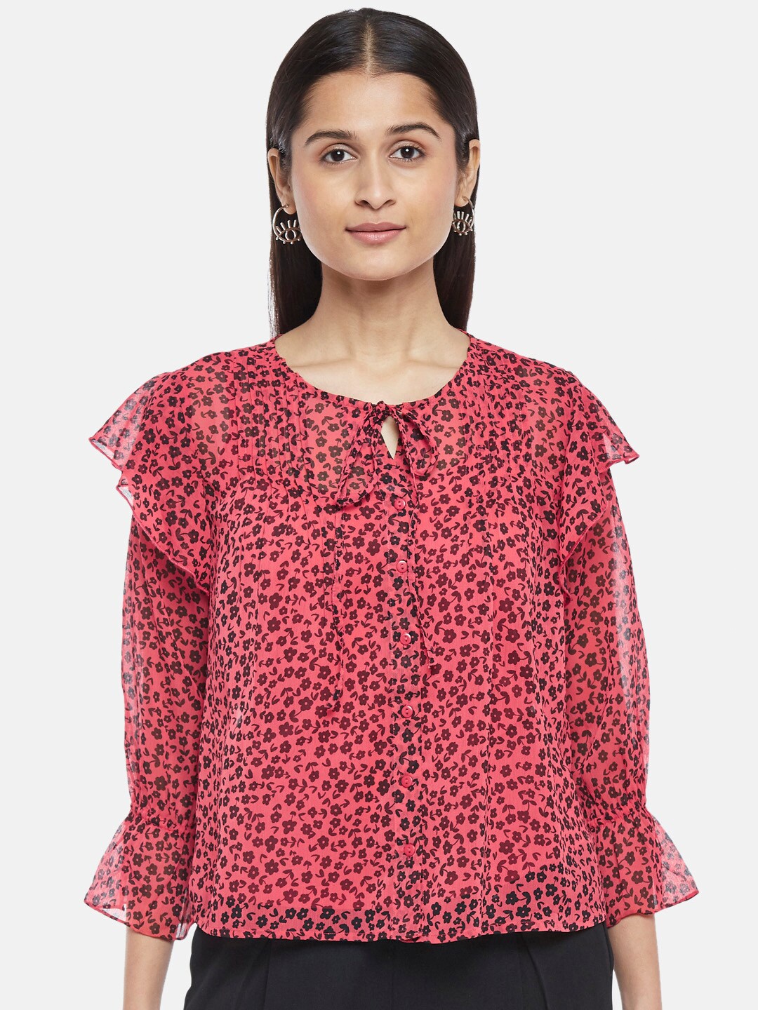 

Honey by Pantaloons Red Floral Print Tie-Up Neck Boxy Top