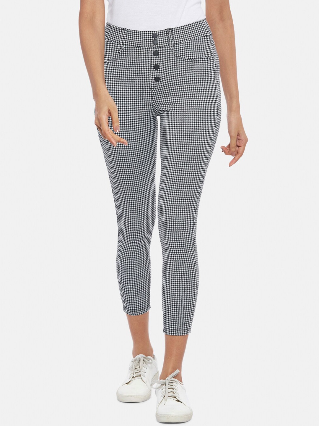 

People Women Black Checked Skinny Fit High-Rise Joggers Trousers