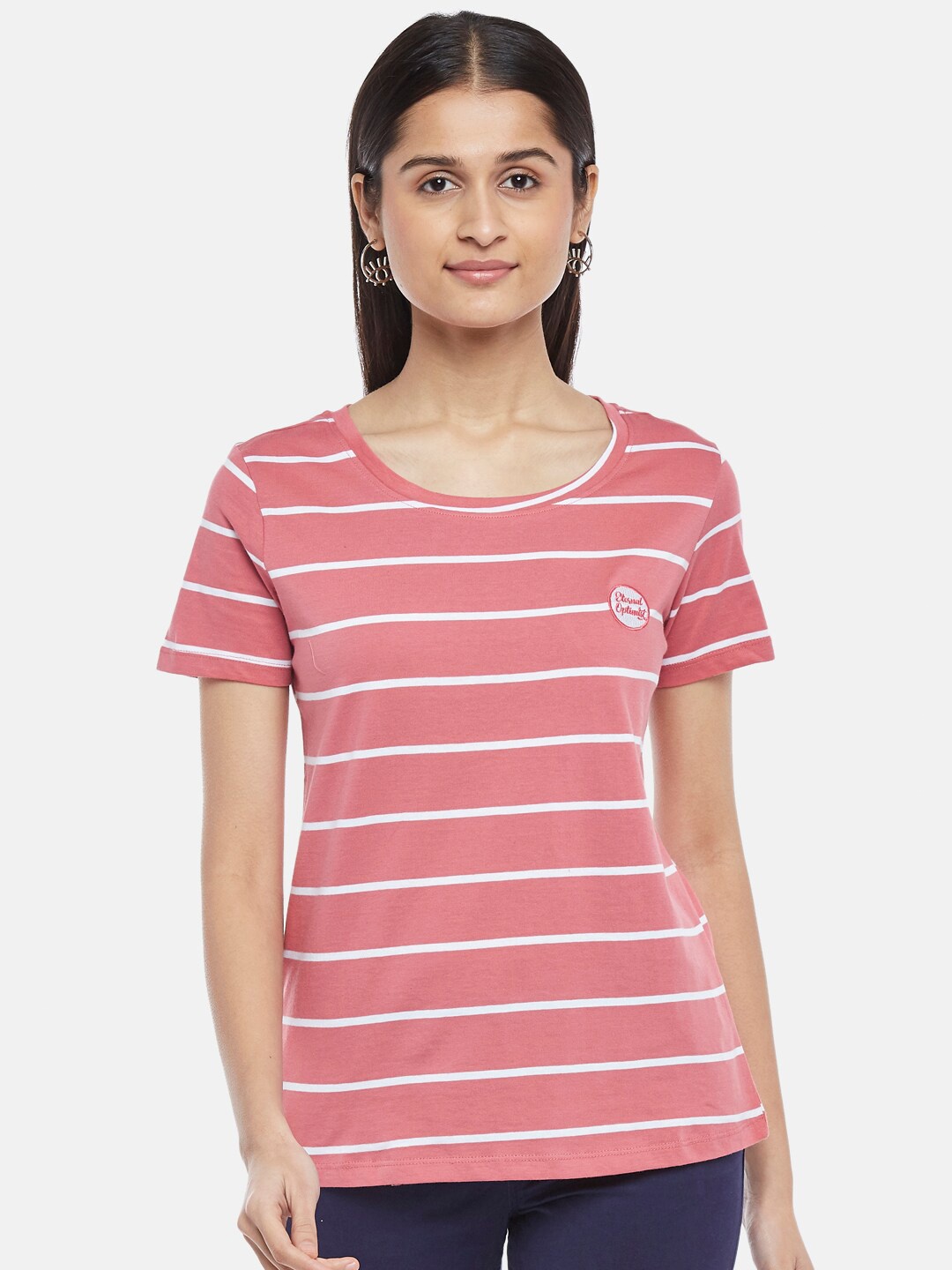 

Honey by Pantaloons Women Pink Striped Cotton T-shirt