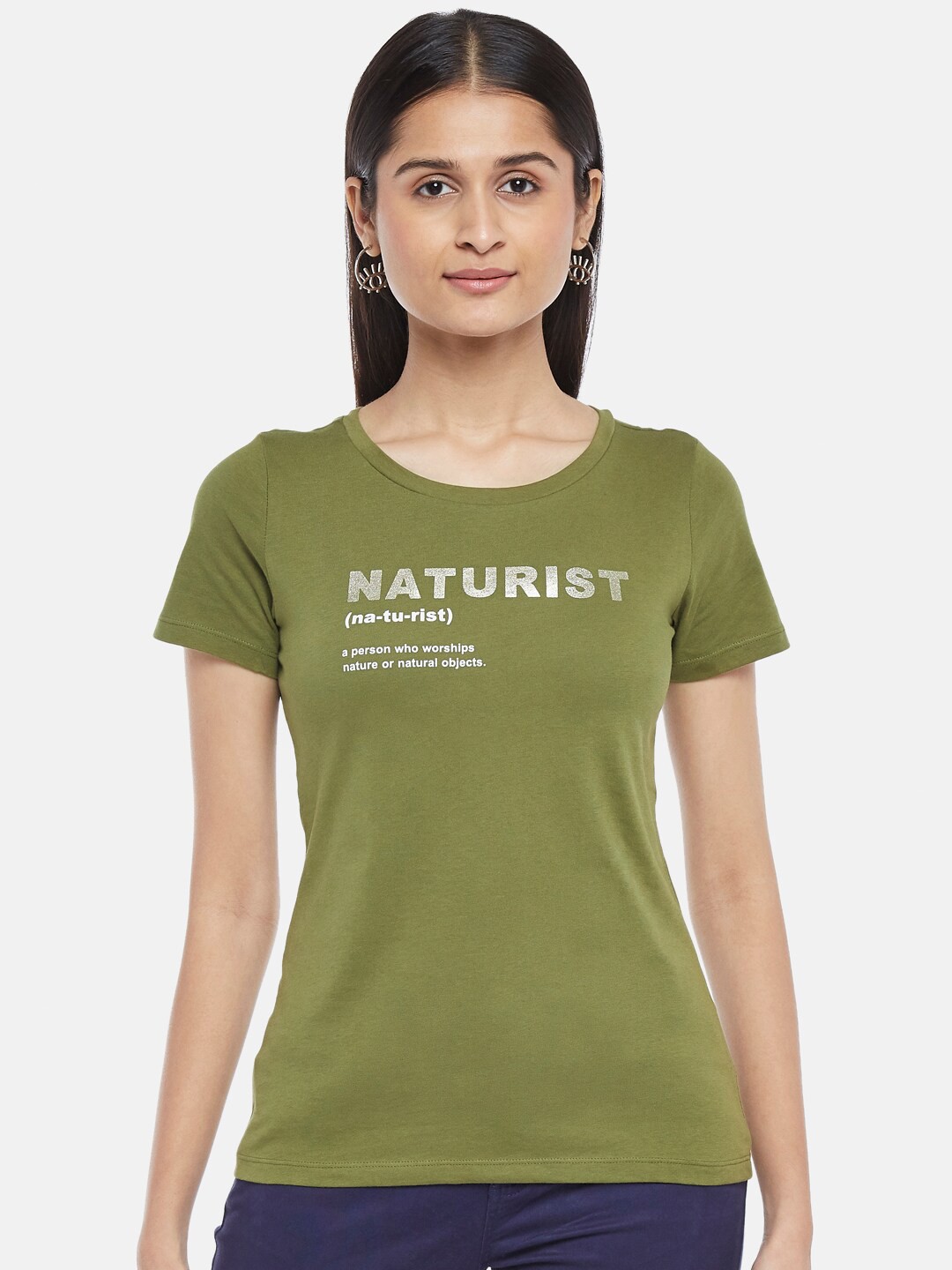 

Honey by Pantaloons Women Olive Green Typography Printed Extended Sleeves T-shirt