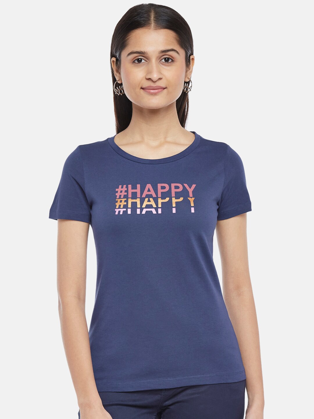 

Honey by Pantaloons Women Cotton Navy Blue Typography T-shirt