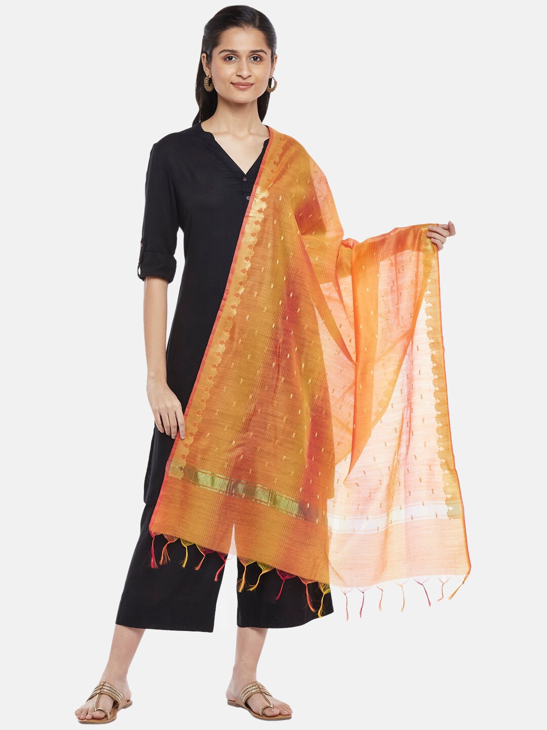 

RANGMANCH BY PANTALOONS Women Orange & Gold-Toned Ethnic Motifs Woven Design Dupatta