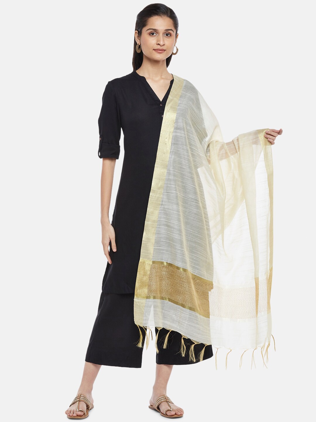 

RANGMANCH BY PANTALOONS Women Off White & Gold-Toned Woven Design Dupatta