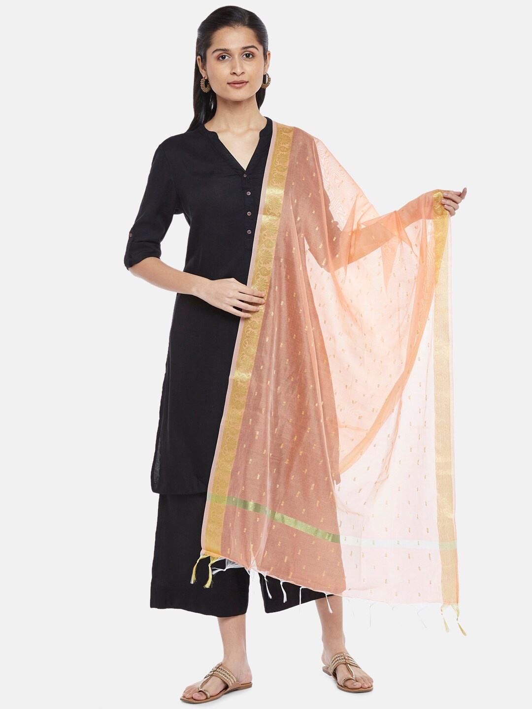 

RANGMANCH BY PANTALOONS Women Peach & Gold-Toned Ethnic Motifs Woven Design Dupatta