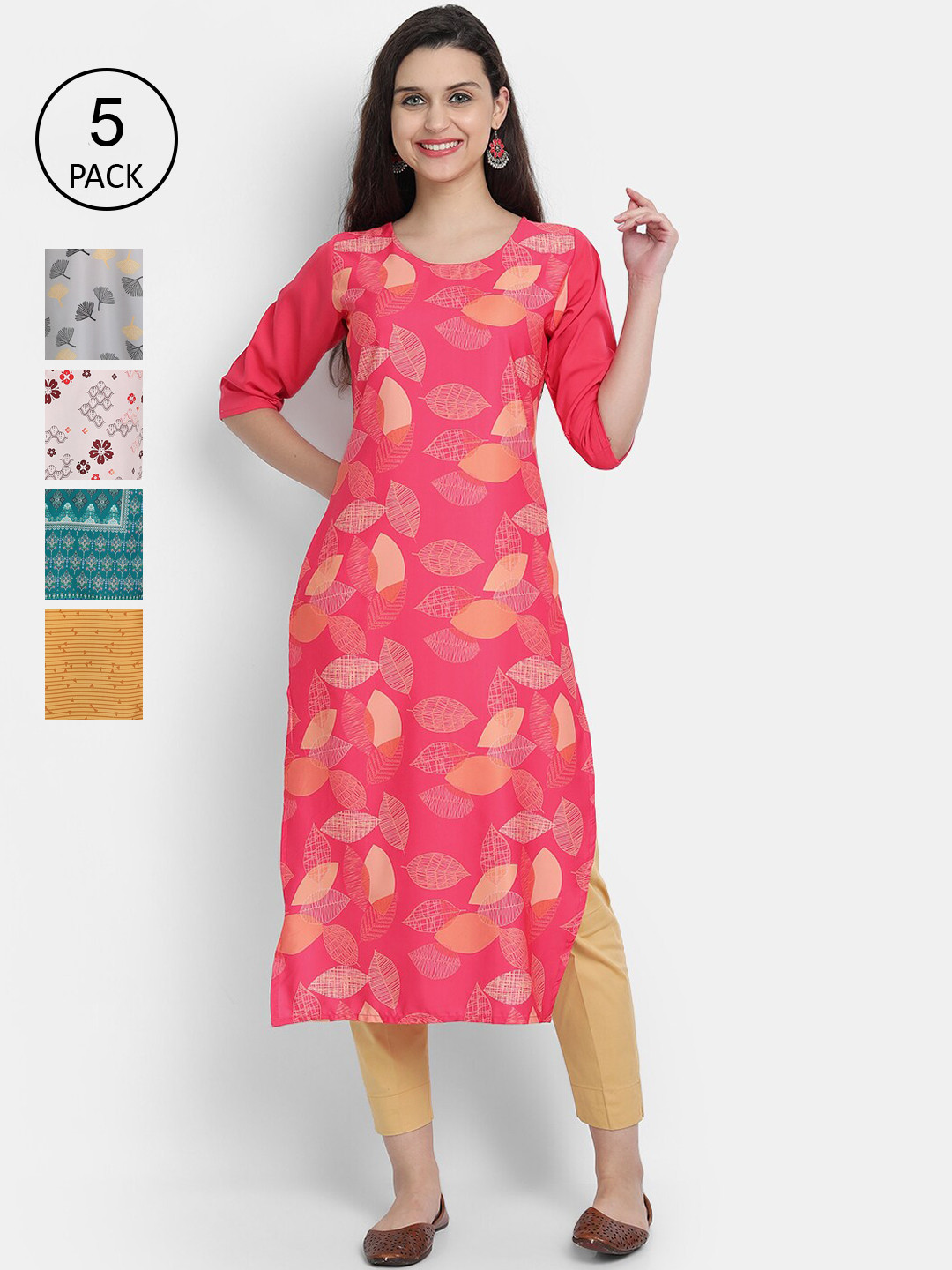 

Ethnic basket Women Pack of 5 Pink & Grey Geometric Printed Crepe Kurtas