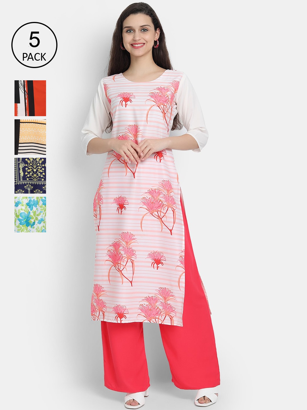 

Ethnic basket Women Pack of 5 Digital Printed Kurtas, White