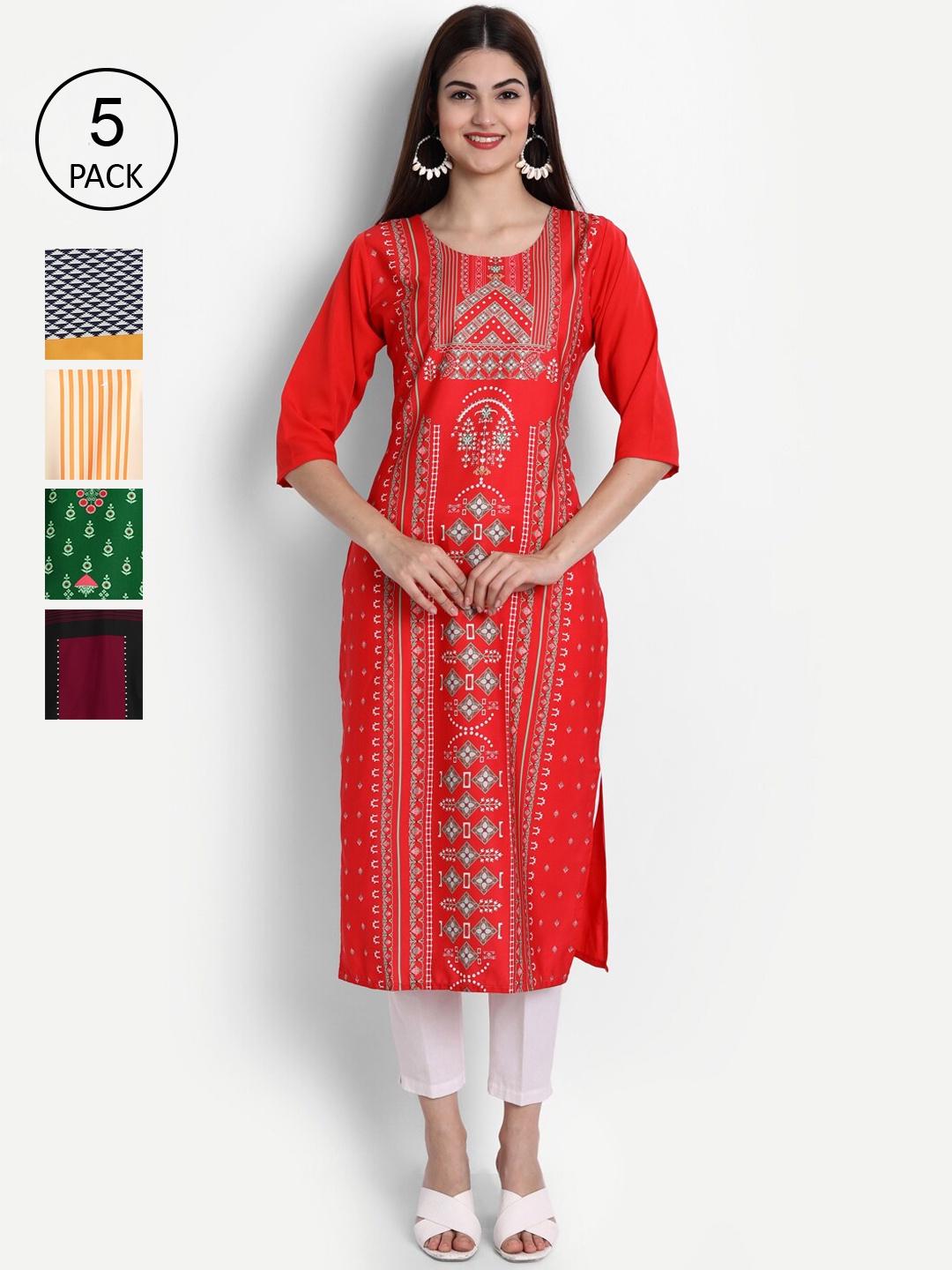 

Ethnic basket Women Pack of 5 Ethnic Motifs Printed Crepe Kurta, Red