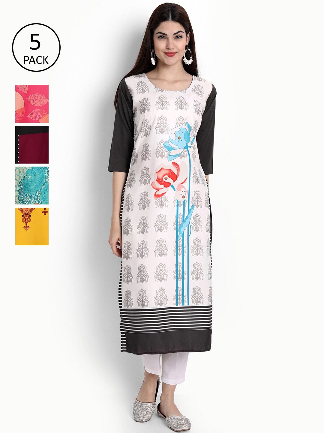 

Ethnic basket Women Pack of 5 Multicoloured Ethnic Motifs Printed Crepe Kurtas, Multi