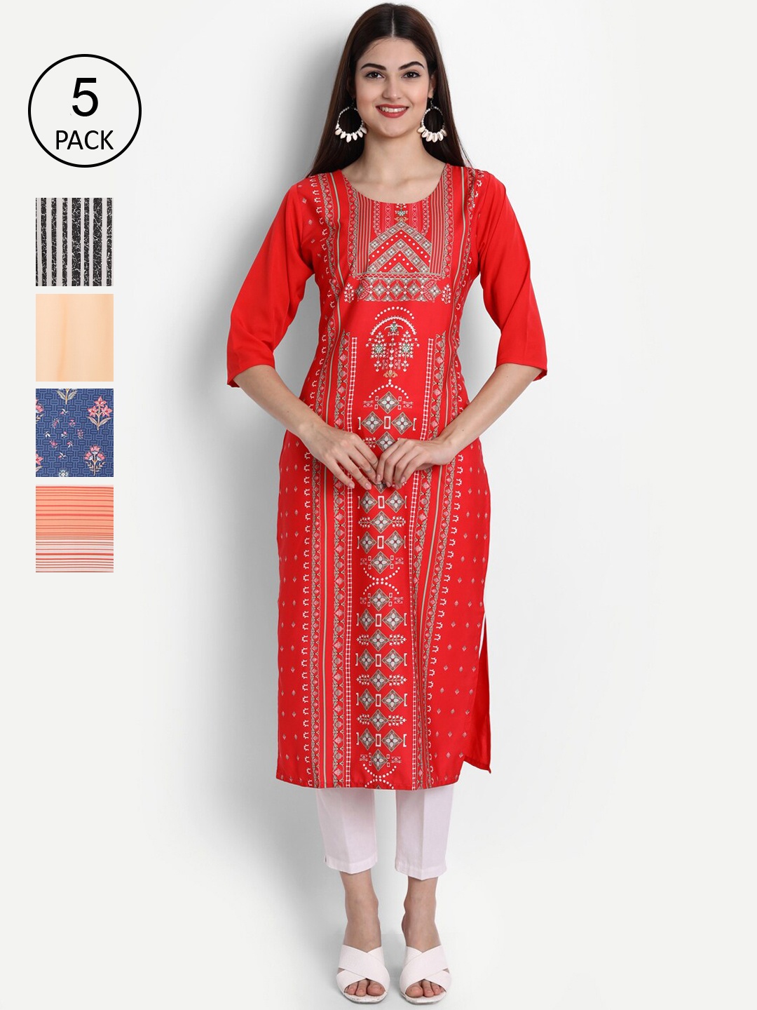 

Ethnic basket Women Pack Of 5 Digital Print Straight Crepe Kurta, Multi