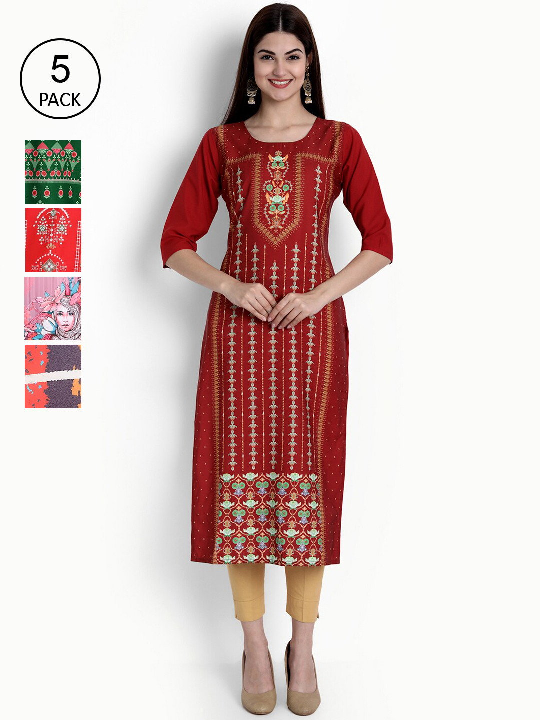 

Ethnic basket Women Multicoloured Pack Of 5 Ethnic Motifs Printed Crepe Kurta, Multi