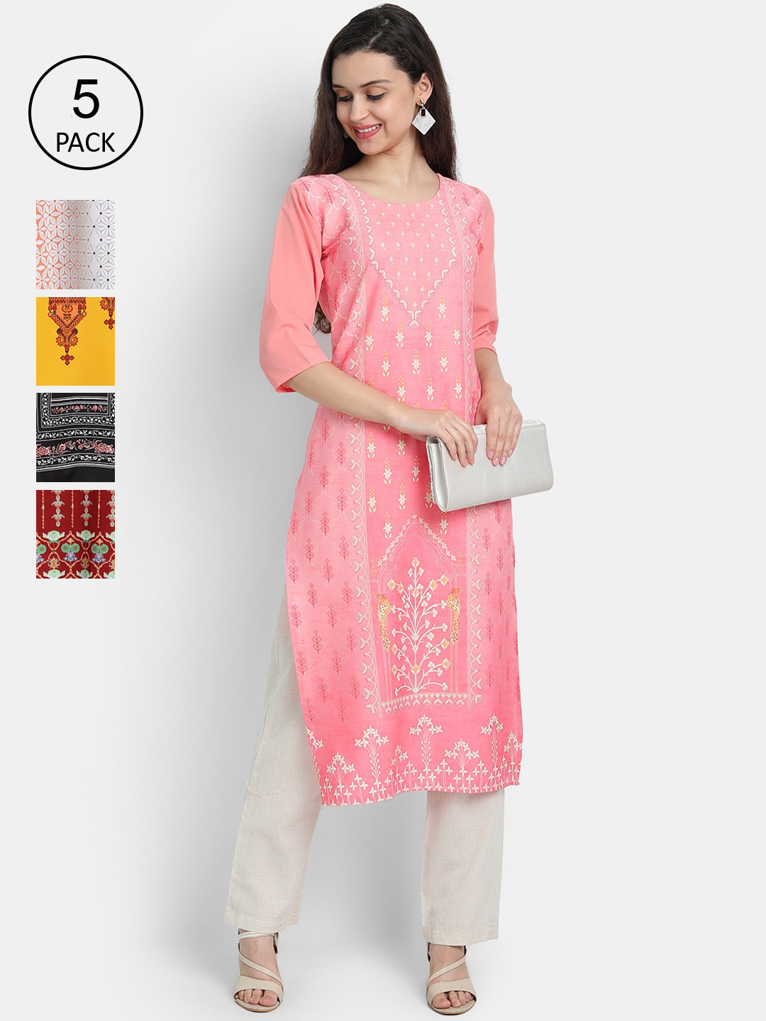 

Ethnic basket Women Pack Of 5 Multicoloured Ethnic Motifs Printed Crepe Kurta, Multi