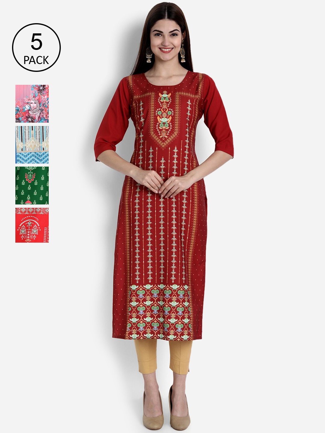 

Ethnic basket Women Maroon & Pink Ethnic Motifs Printed Crepe Kurta Set Of 5