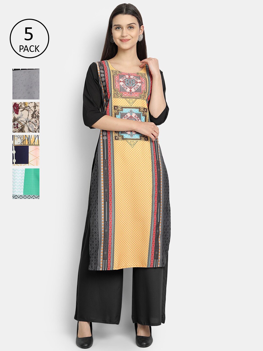 

Ethnic basket Women Set Of 5 Yellow & Sea Green Ethnic Motifs Printed Crepe Kurta