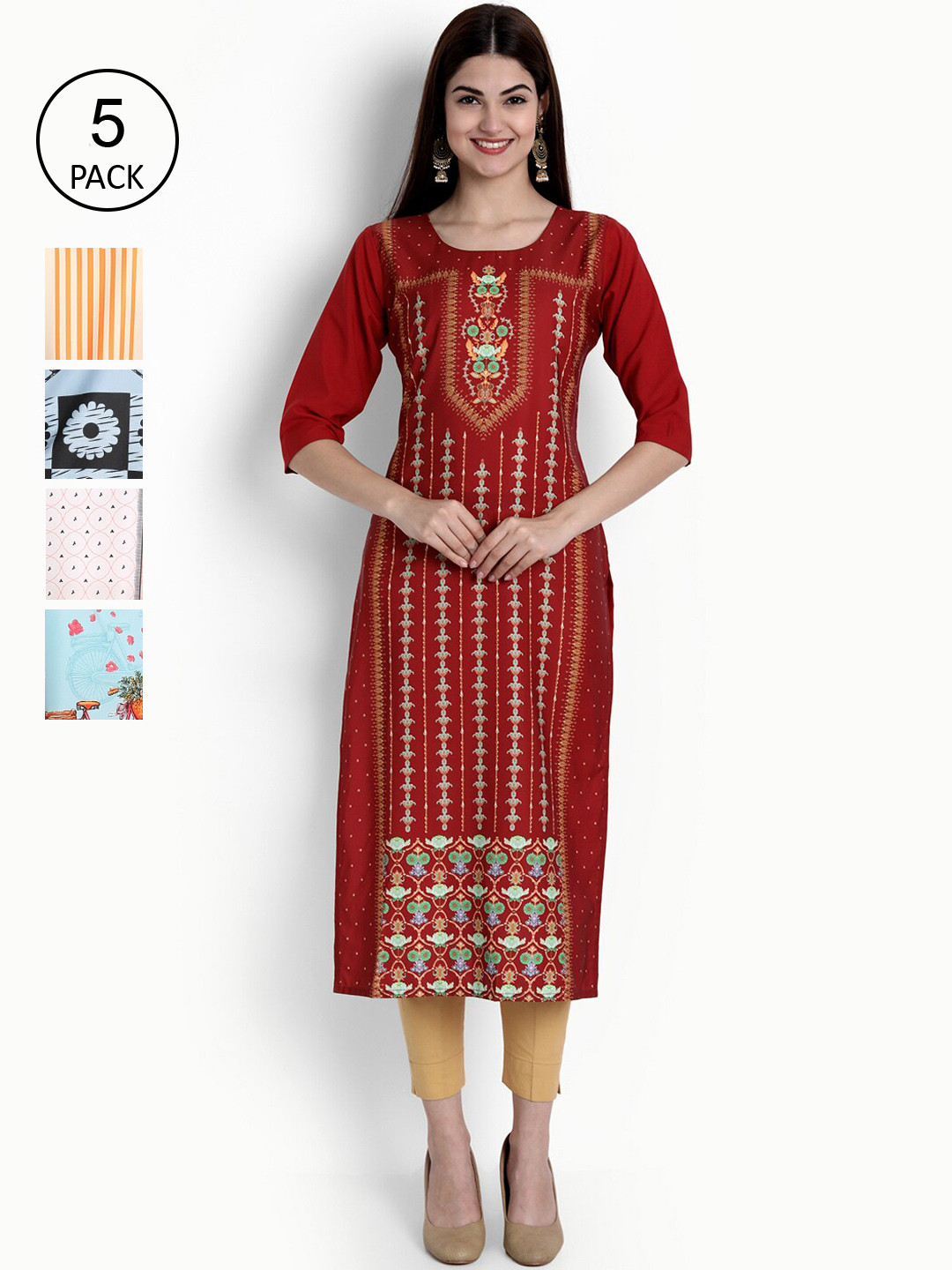 

Ethnic basket Women Pack of 5 Maroon & Turquoise Blue Floral Printed Crepe Kurtas