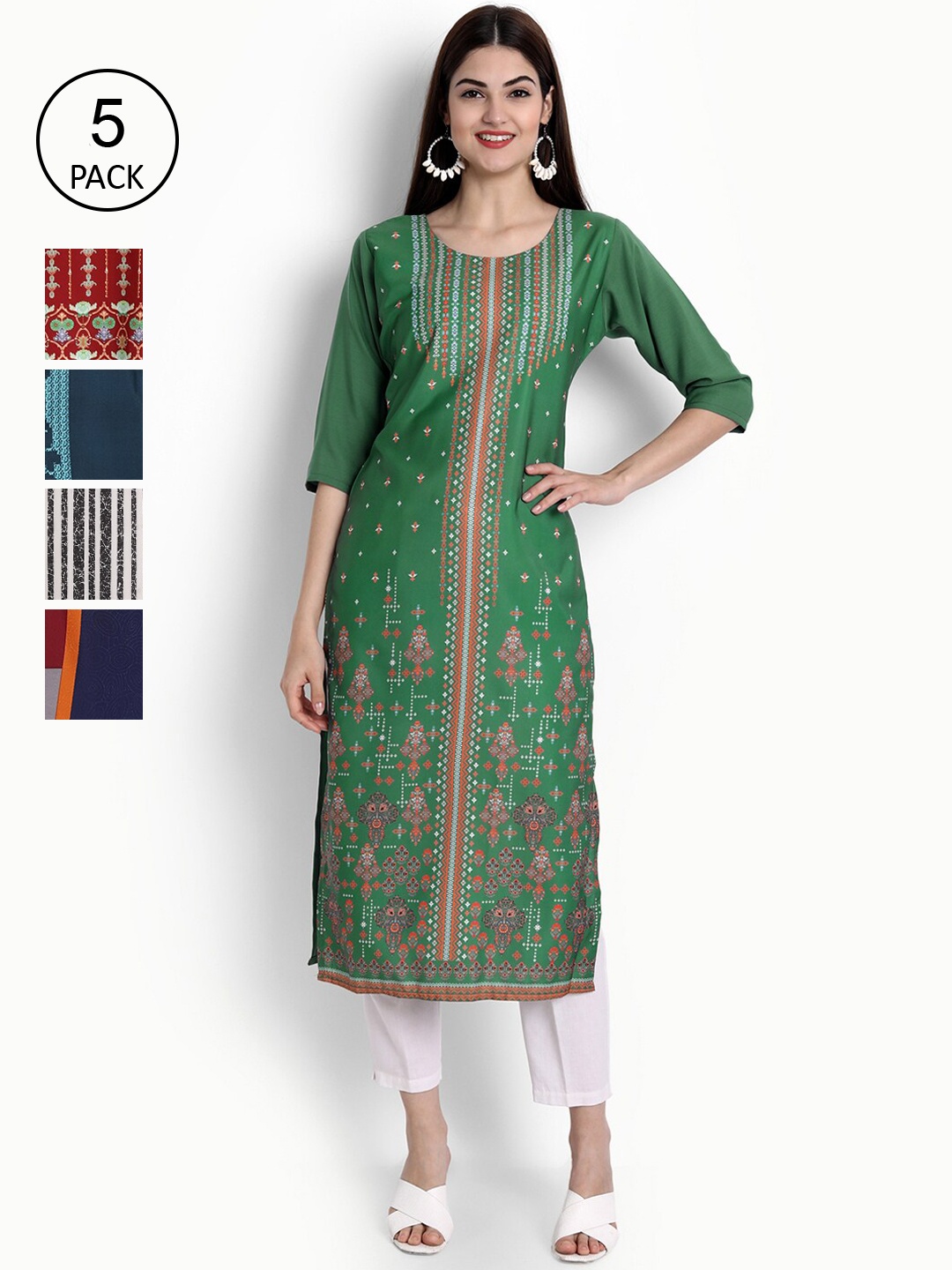 

Ethnic basket Women Pack Of 5 Straight Kurtas, Green