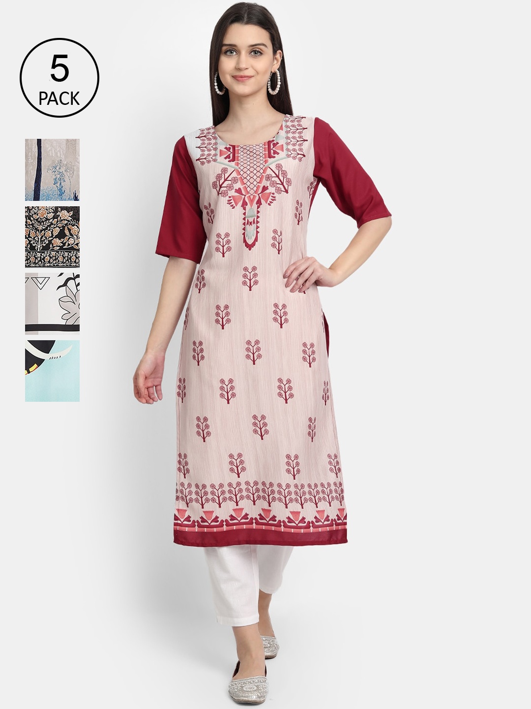 

Ethnic basket Women Pack Of 5 Digital Print Straight Crepe Kurtas, Multi