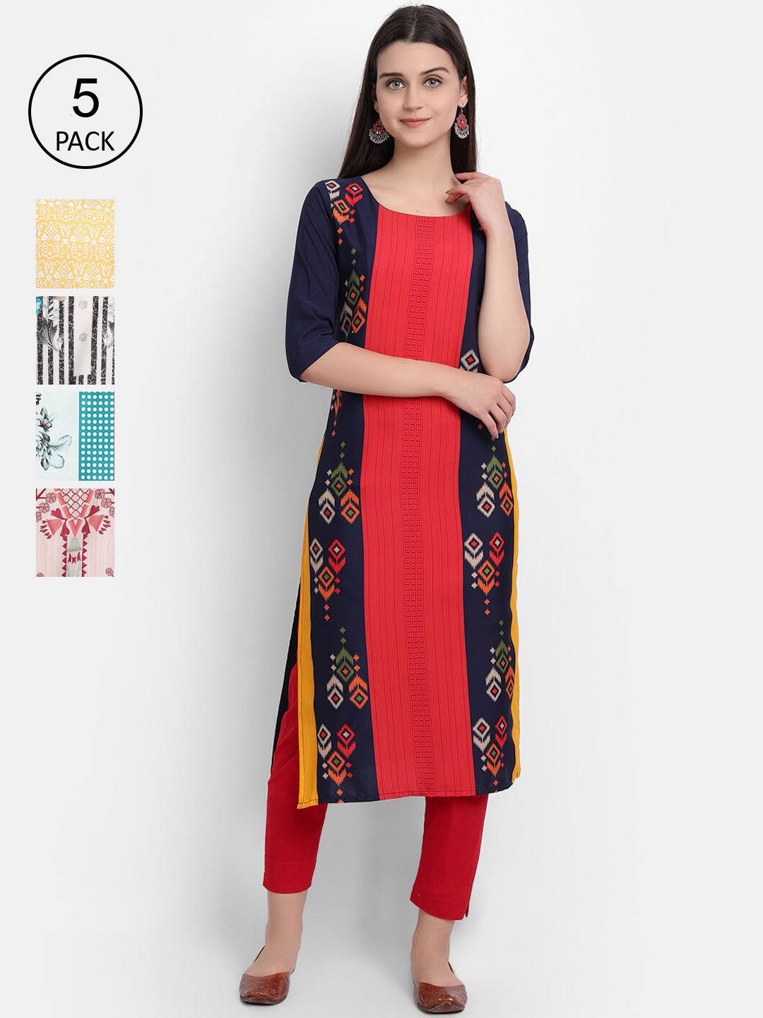 

Ethnic basket Women Pack Of 5 Multicoloured Ethnic Motifs Printed Crepe Kurta, Multi
