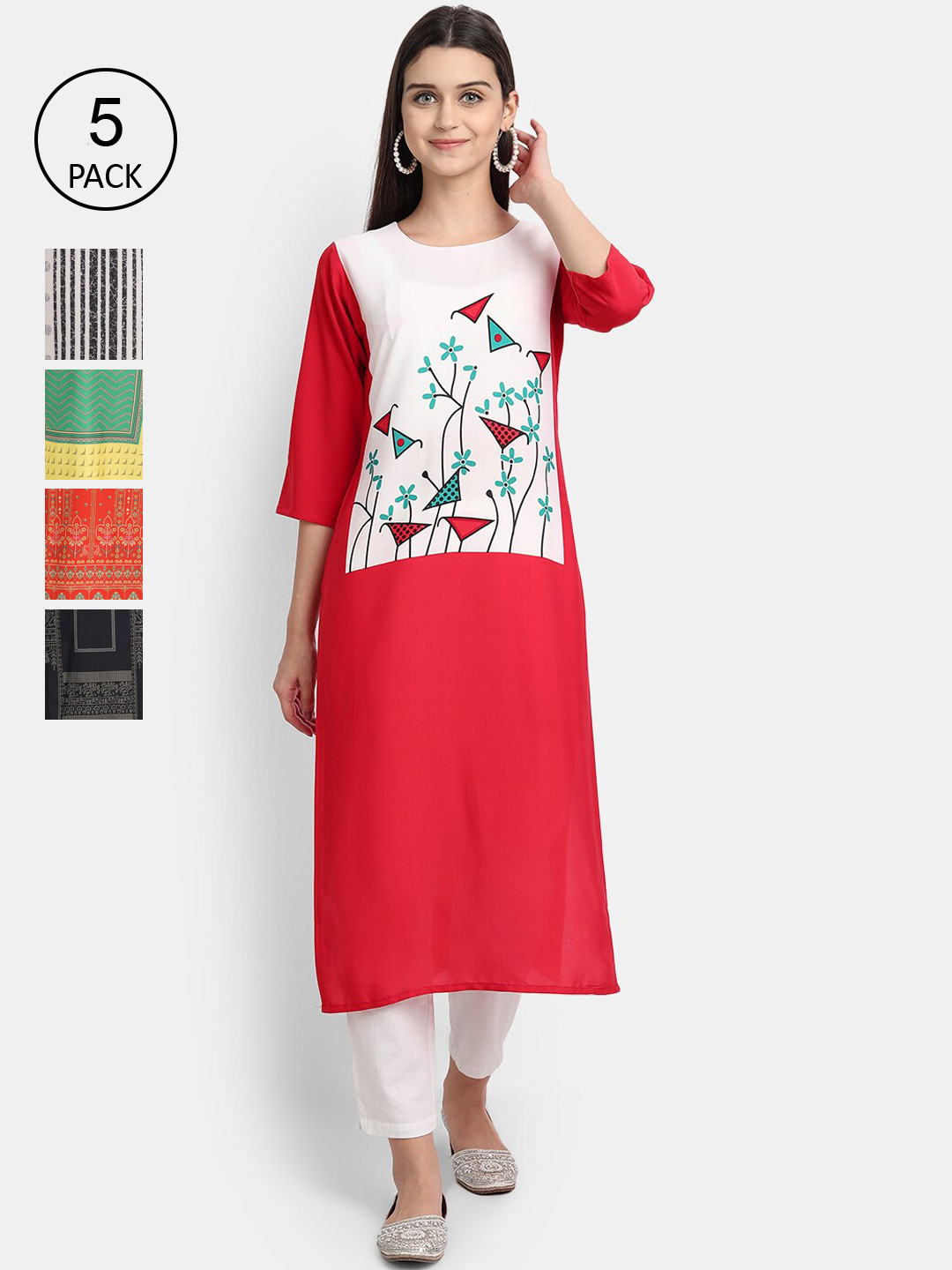 

Ethnic basket Women Pack of 5 Ethnic Motifs Printed Crepe Kurta, Red