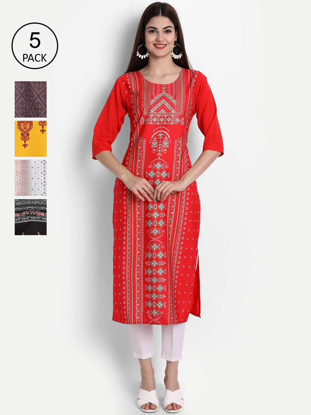 

Ethnic basket Women Multicoloured Set of 5 Ethnic Motifs Printed Crepe Kurta, Multi