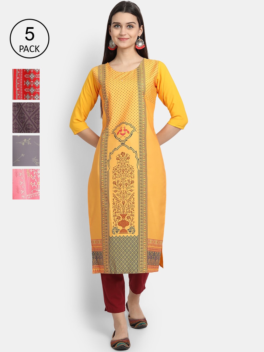 

Ethnic basket Women Yellow & Brown Ethnic Motifs Printed Crepe Kurta Set Of 5