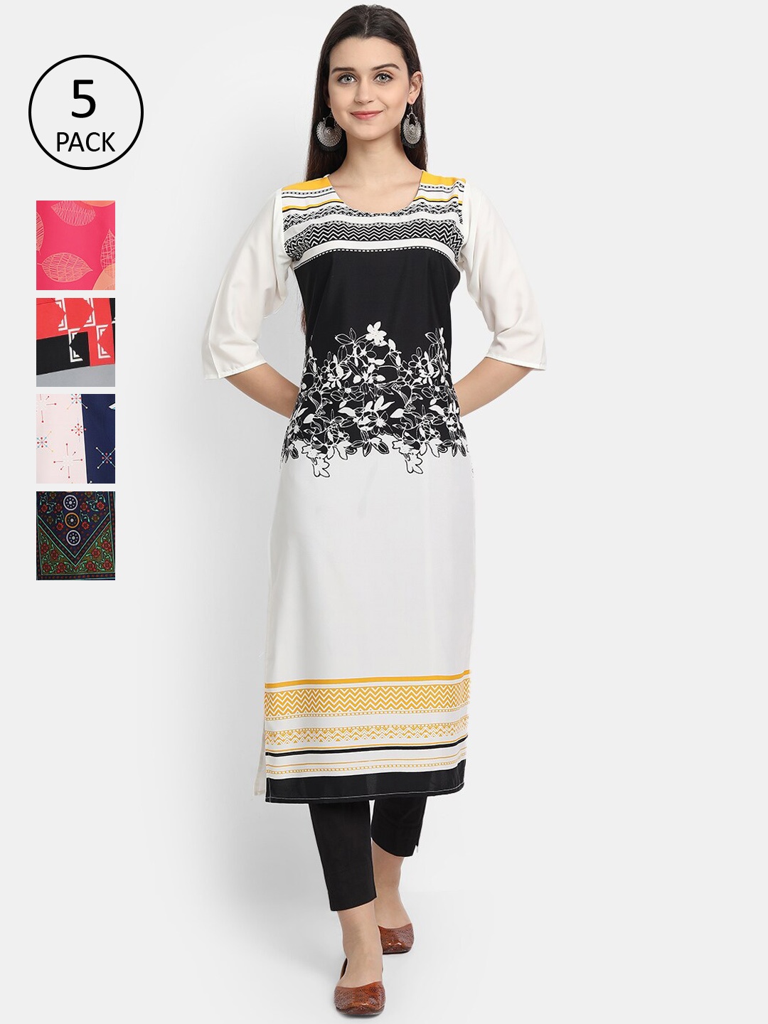 

Ethnic basket Women Set Of 5 White & Pink Ethnic Motifs Printed Crepe Kurta