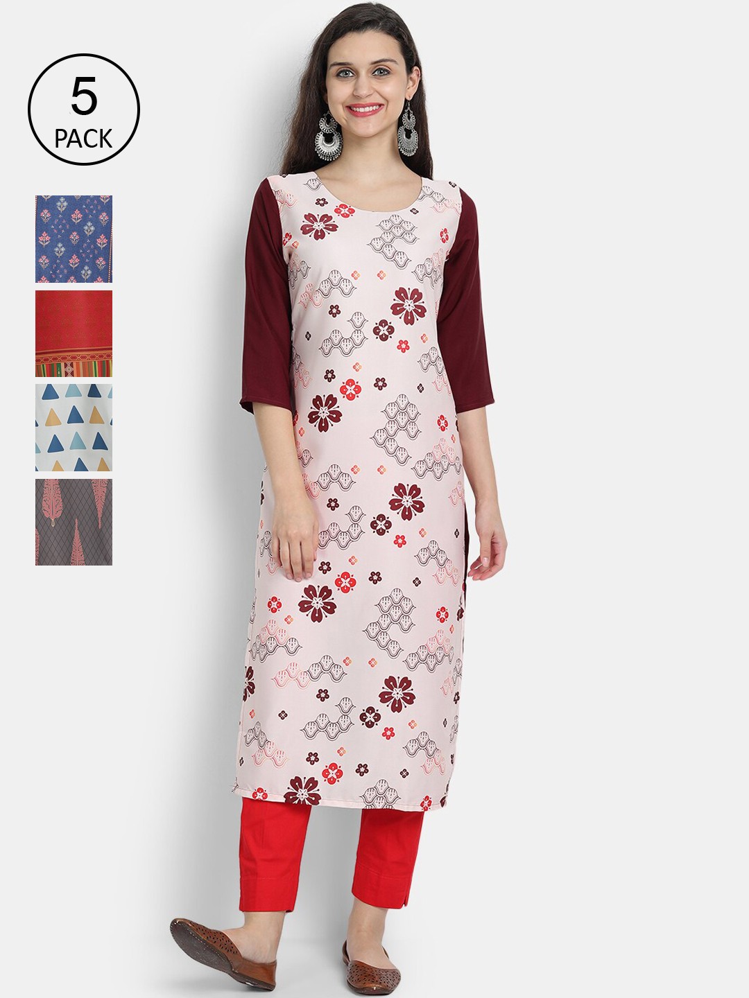 

Ethnic basket Women Pack of 5 White & Teal Ethnic Motifs Printed Crepe Kurtas