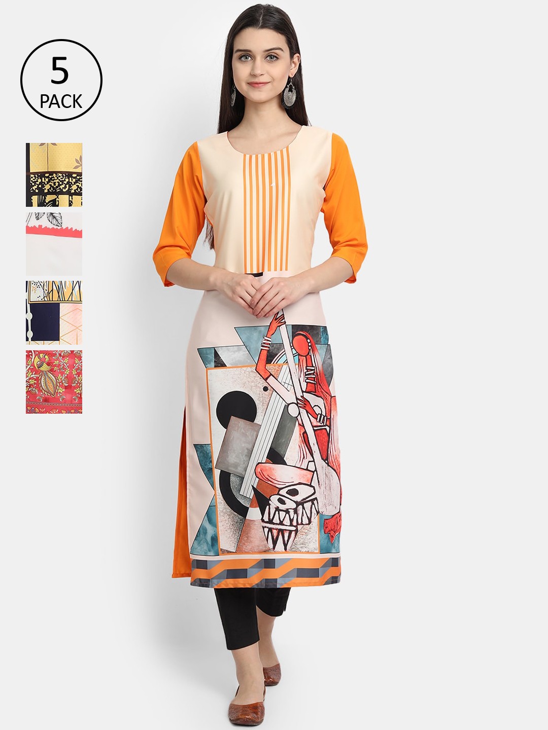 

Ethnic basket Women Pack Of 5Floral Printed Crepe Kurta, Orange