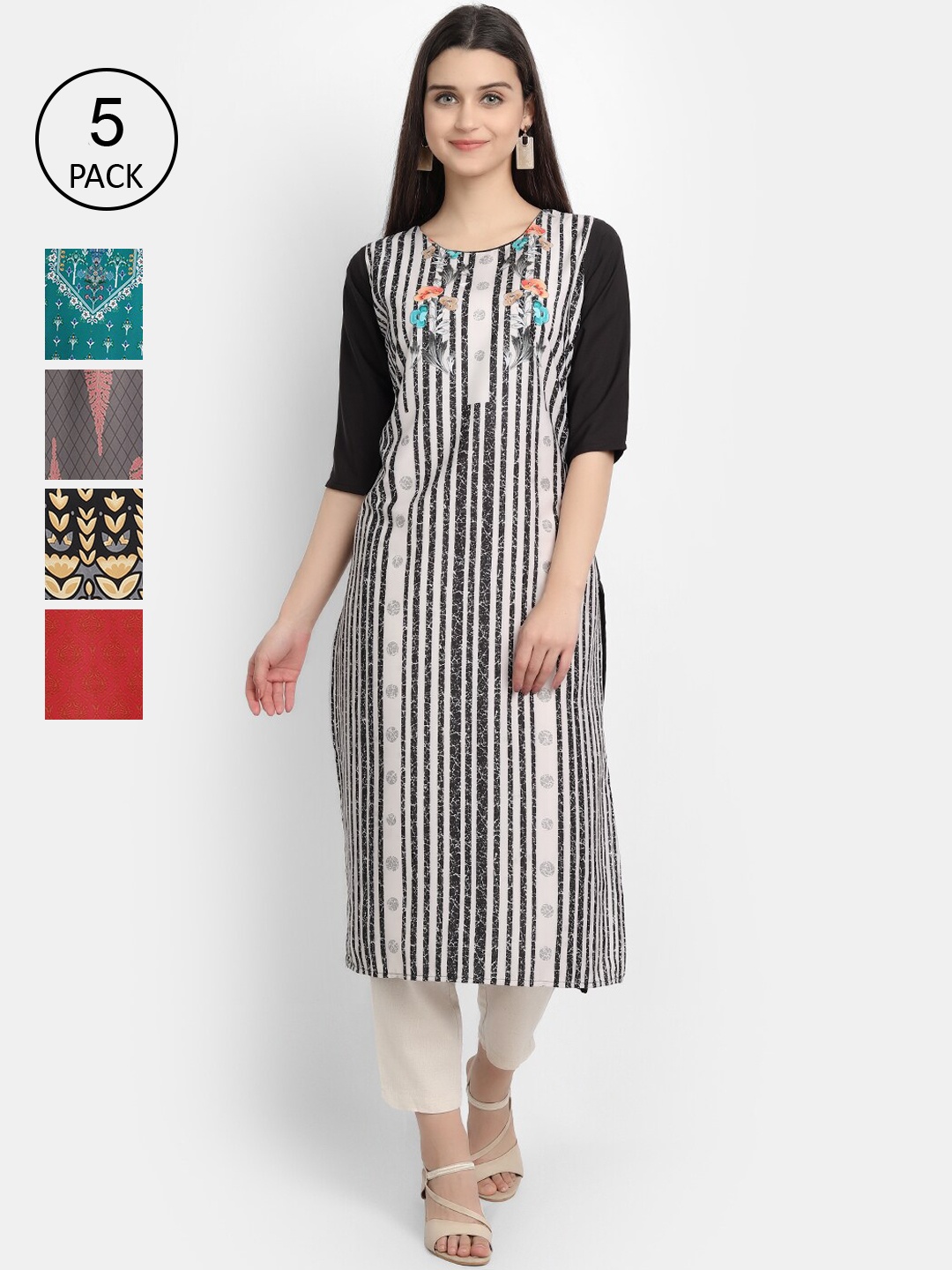 

Ethnic basket Women Pack of 5 Ethnic Motifs Printed Crepe Kurta, White