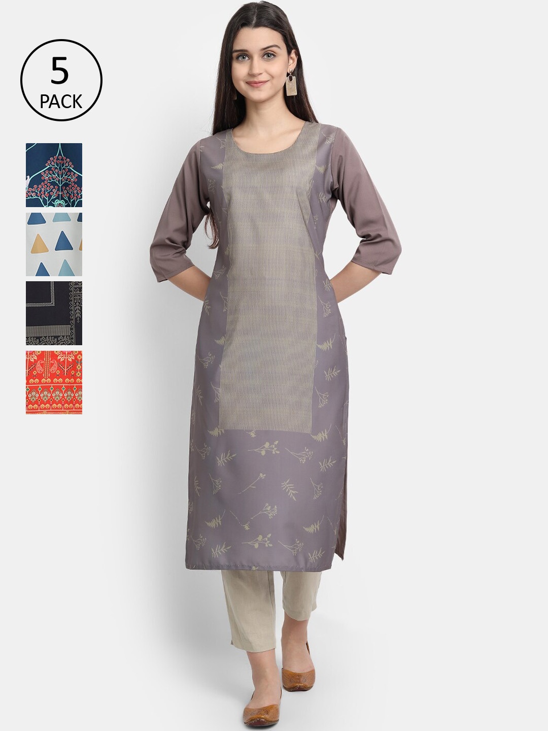 

Ethnic basket Women Multicoloured Set of 5 Ethnic Motifs Printed Crepe Kurta, Multi