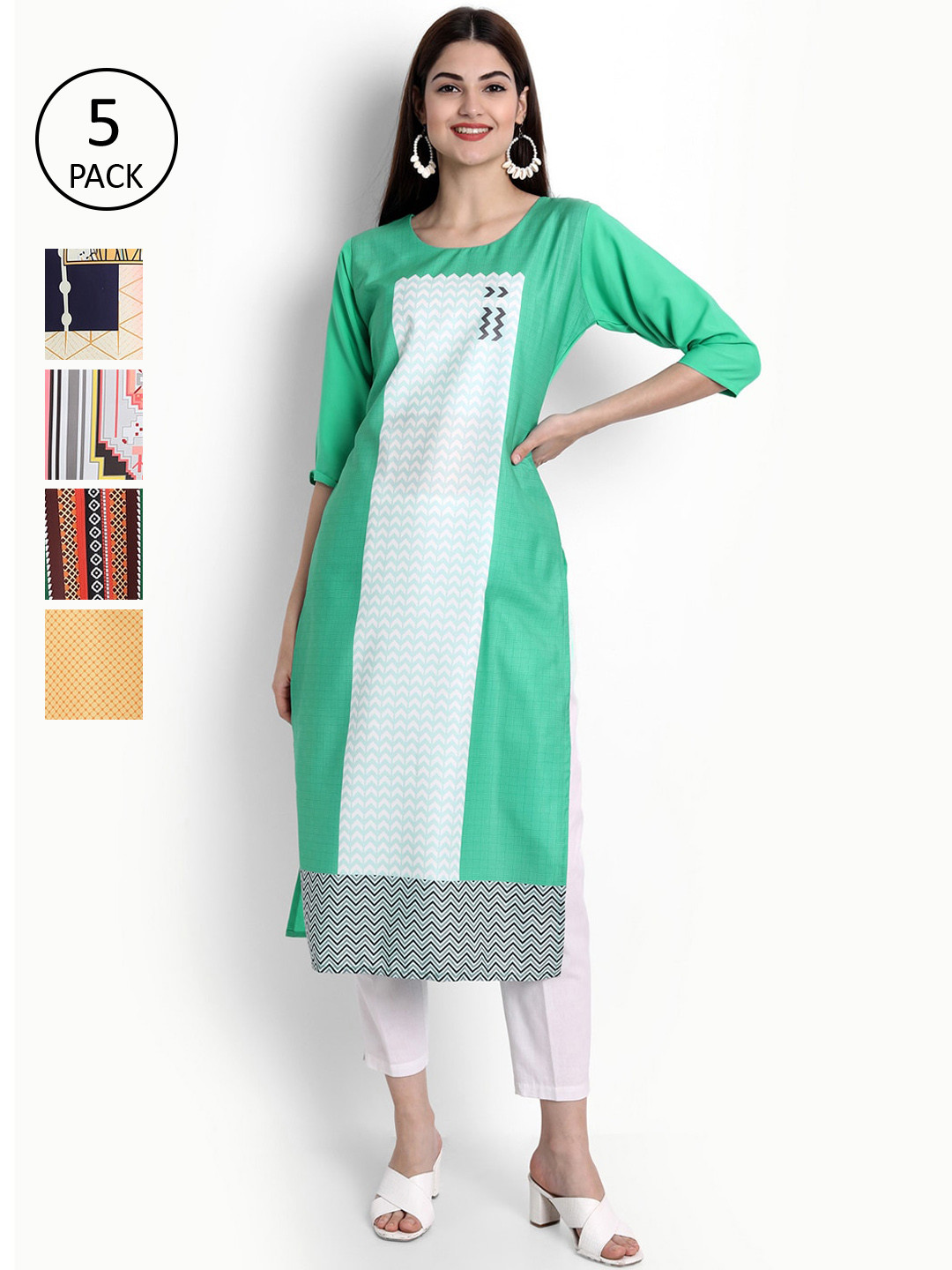 

Ethnic basket Women Pack Of 5 Multicoloured Ethnic Motifs Printed Crepe Kurta, Multi