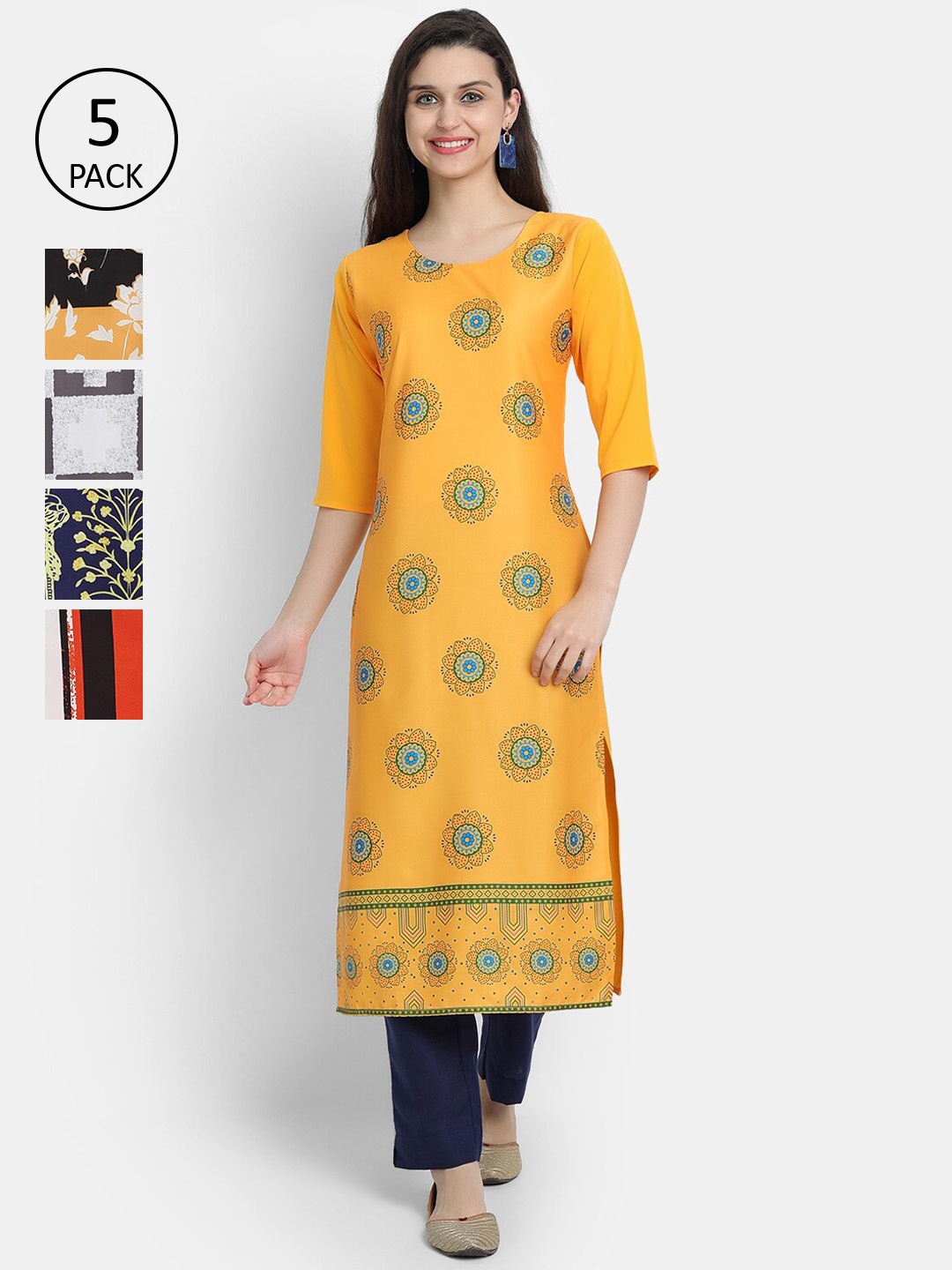 

Ethnic basket Women Yellow & White Geometric Printed Flared Sleeves Crepe Kurta Pack Of 5
