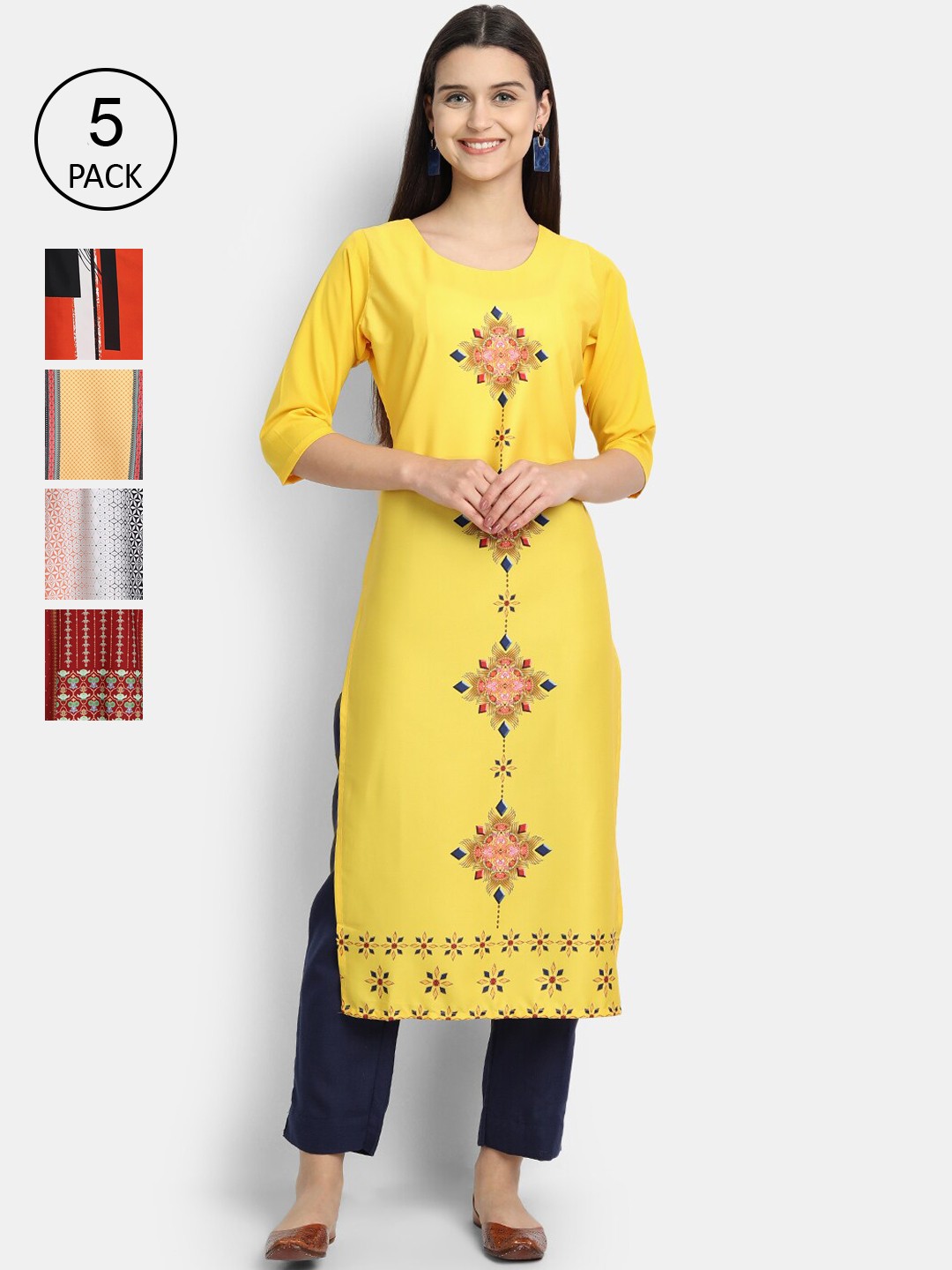 

Ethnic basket Women Multicoloured Geometric Printed Thread Work Crepe Kurta, Multi