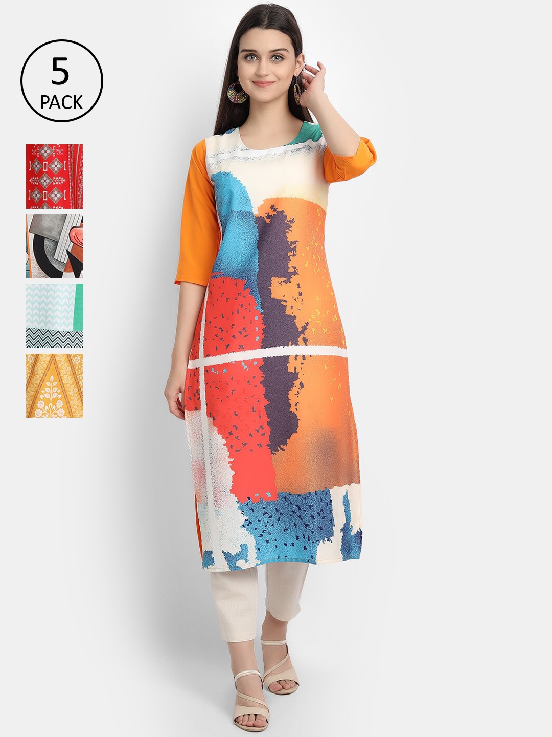 

Ethnic basket Women Pack of 5 Digital Printed Kurtas, Orange