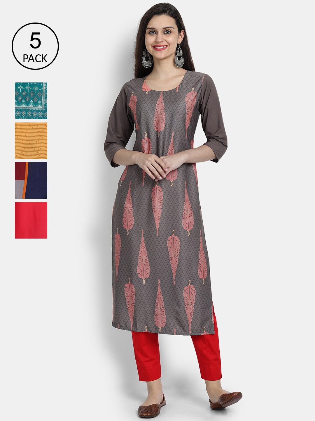 

Ethnic basket Women Pack of 5 Ethnic Motifs Printed Crepe Kurta, Red