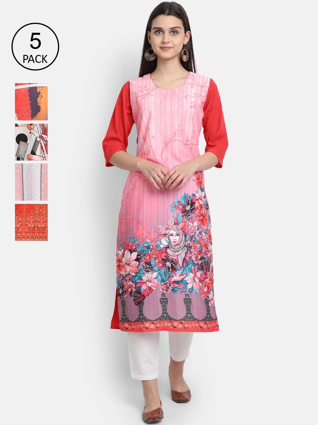 

Ethnic basket Women Pink & Orange Ethnic Motifs Printed Crepe Kurta Set Of 5