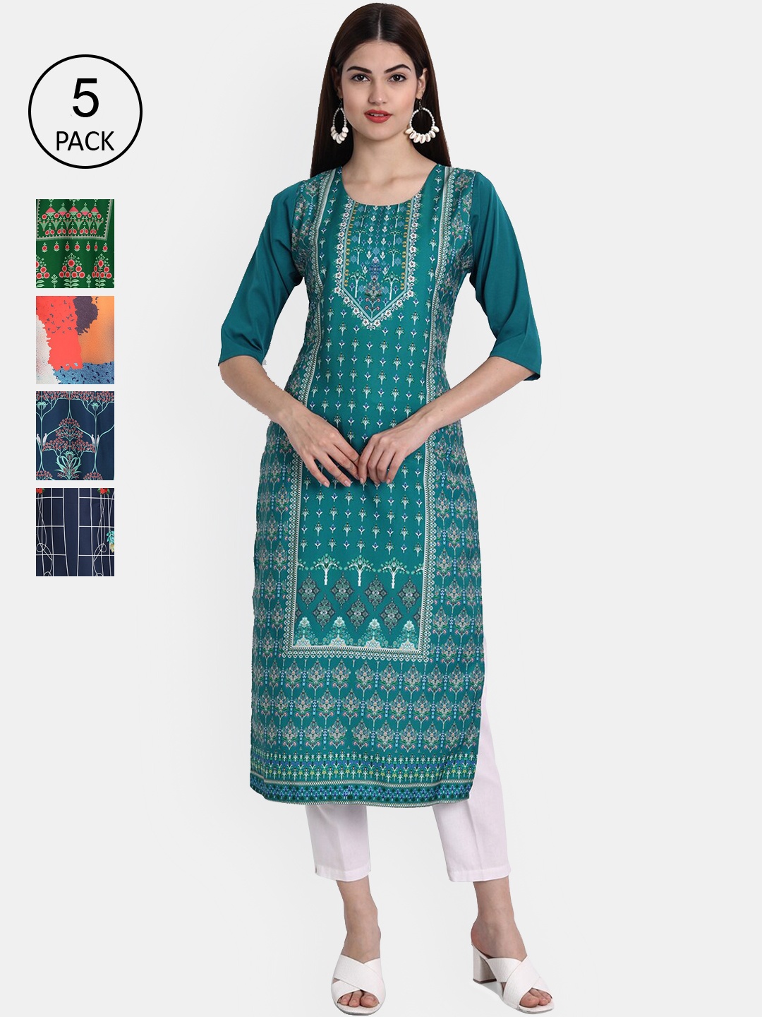 

Ethnic basket Women Multicoloured Pack Of 5 Printed Crepe Kurta, Multi