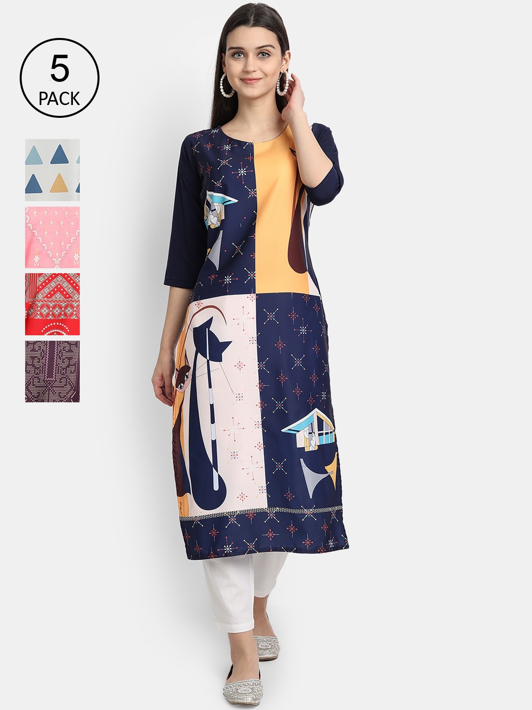 

Ethnic basket Women Pack of 5 Multicoloured Geometric Printed Crepe Kurtas, Multi