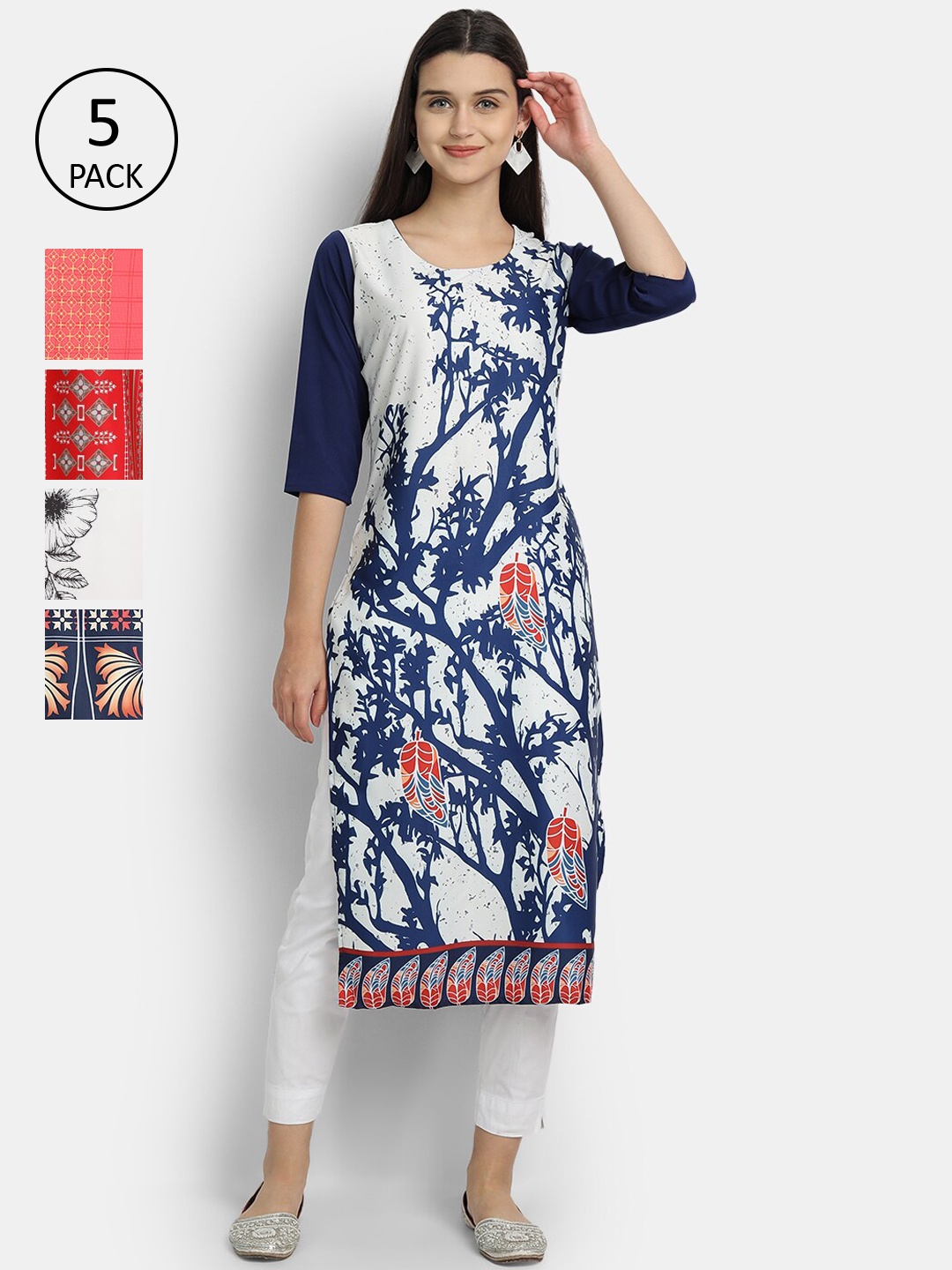

Ethnic basket Women Pack Of 5 Digital Printed Crepe Kurta, White