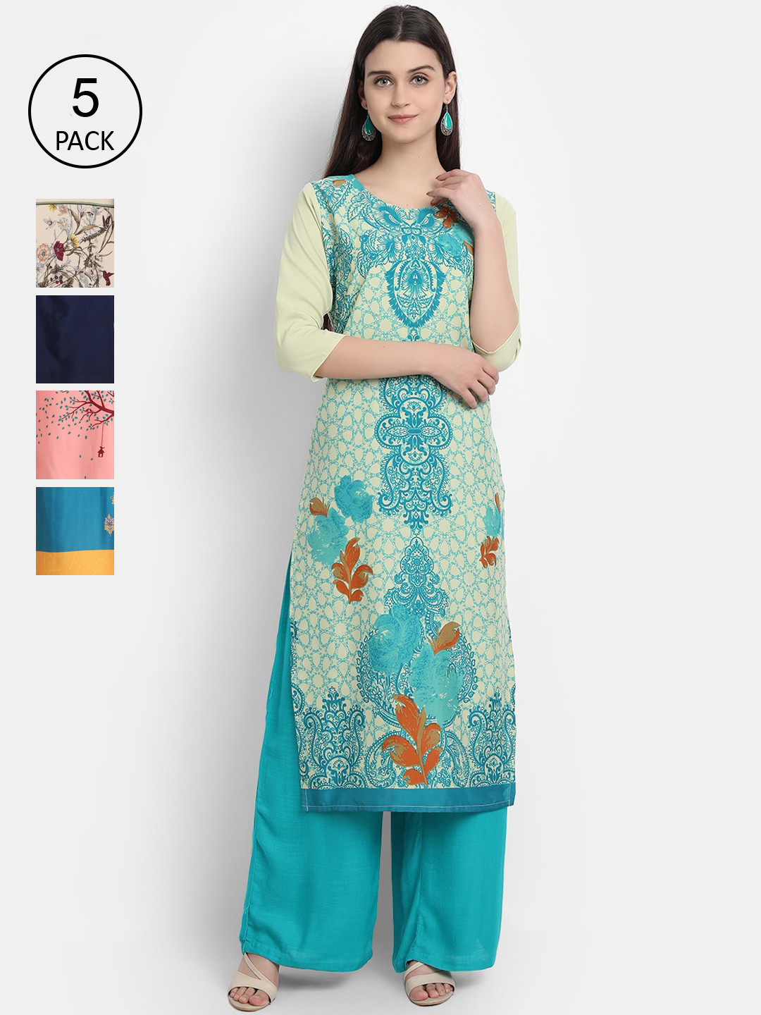 

Ethnic basket Women Pack Of 5 Floral Printed Crepe Kurta, Blue
