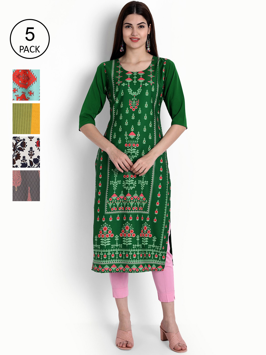 

Ethnic basket Women Pack of 5 Digital Printed Kurtas, Green
