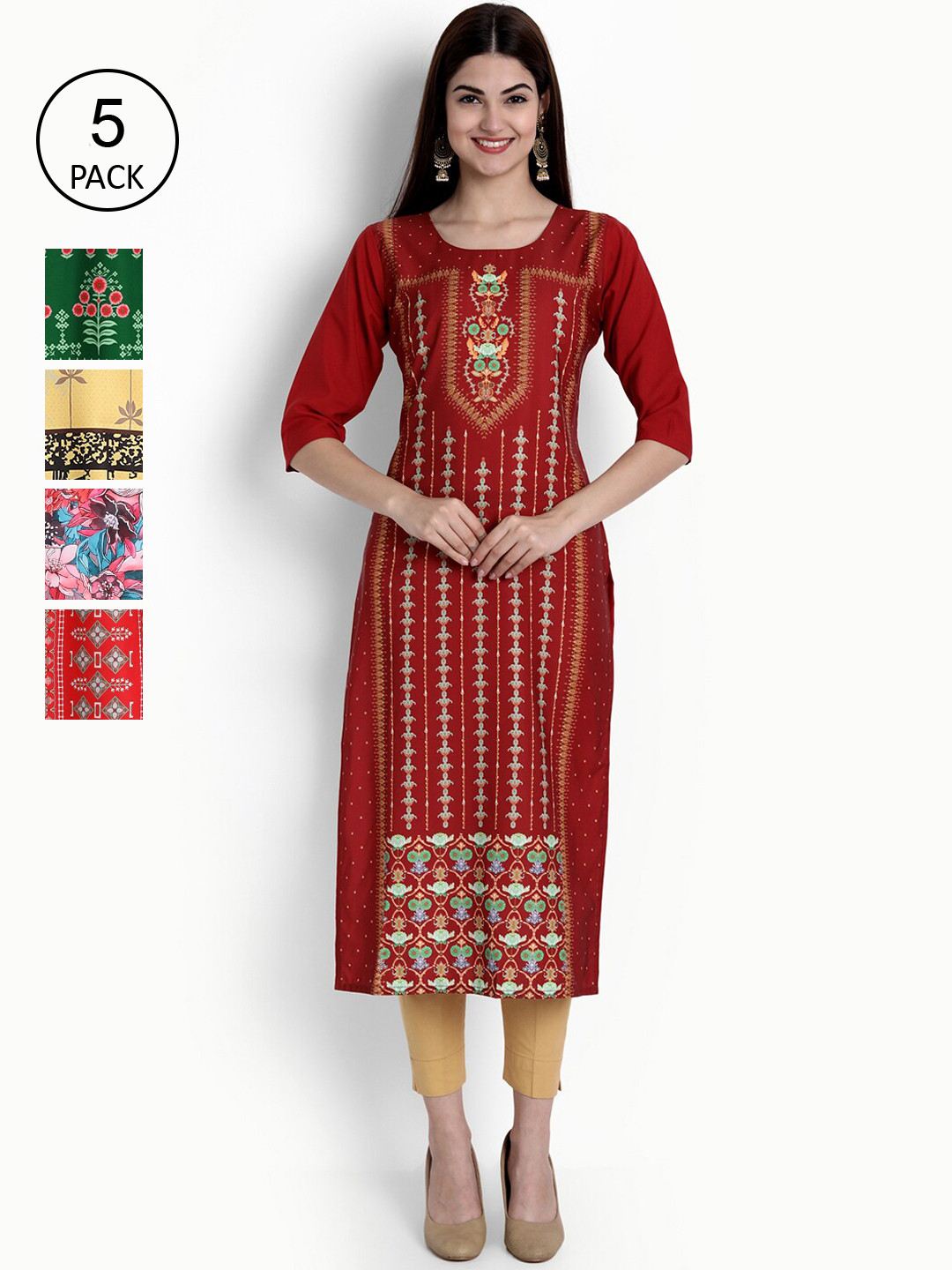 

Ethnic basket Women Multicoloured Set of 5 Ethnic Motifs Printed Crepe Kurta, Multi