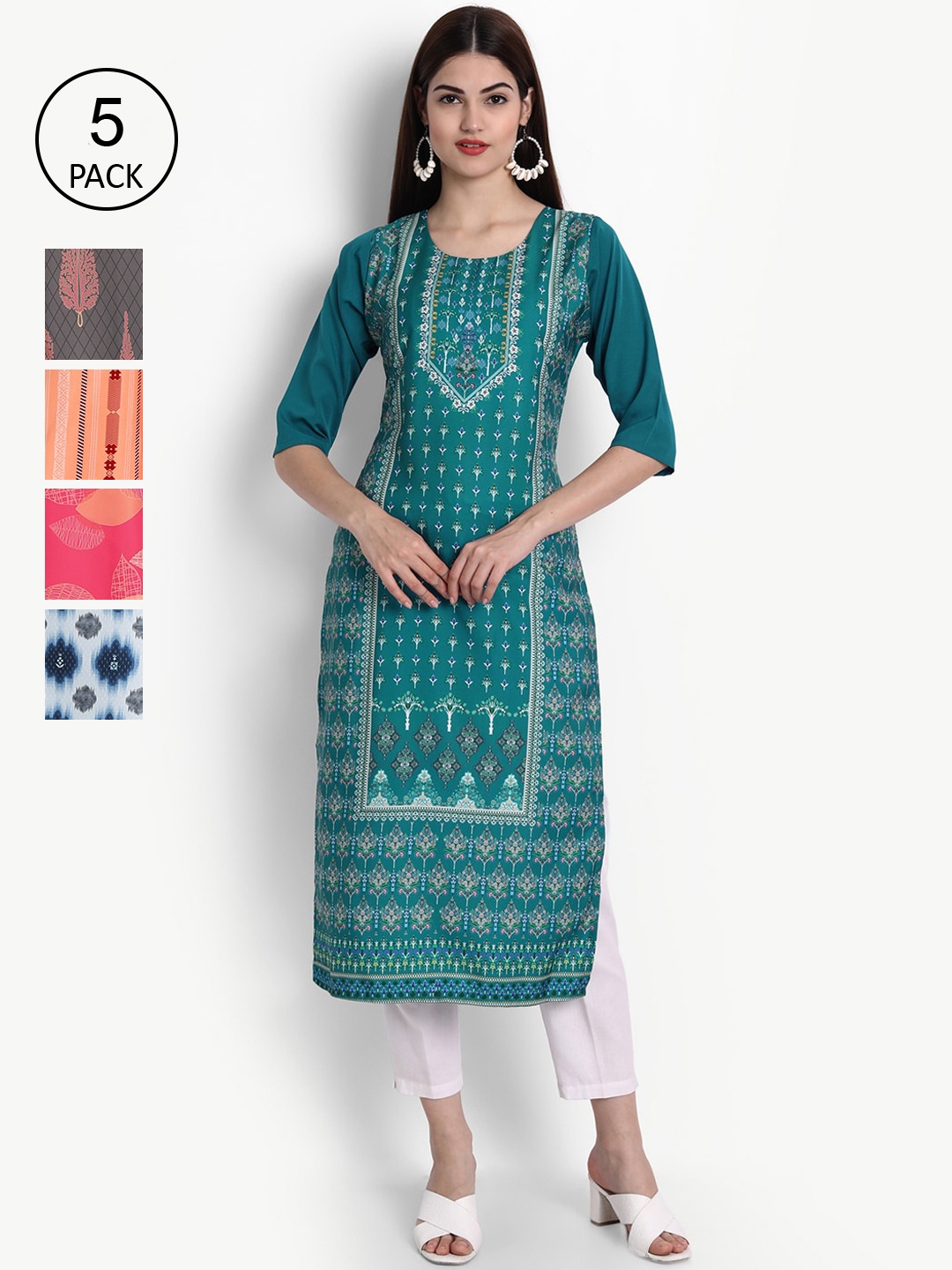 

Ethnic basket Women Pack Of 5 Digital Printed Crepe Kurta, Peach