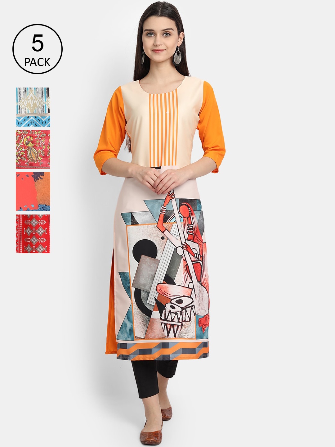 

Ethnic basket Women Pack of 5 Mustard Yellow & Red Printed Crepe Kurtas